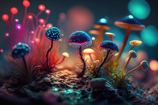 A colorful mushroom with a blue light on it