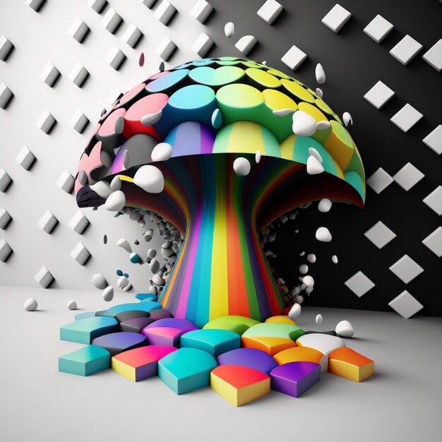 Foto un fungo colorato con molti cubi e un disegno arcobaleno.