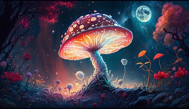 A colorful mushroom with a moon in the background