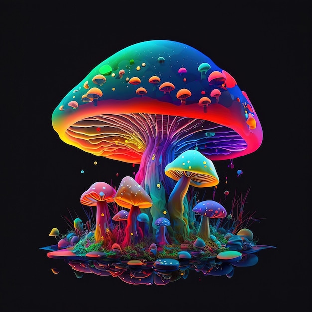 A colorful mushroom with a rainbow pattern on it