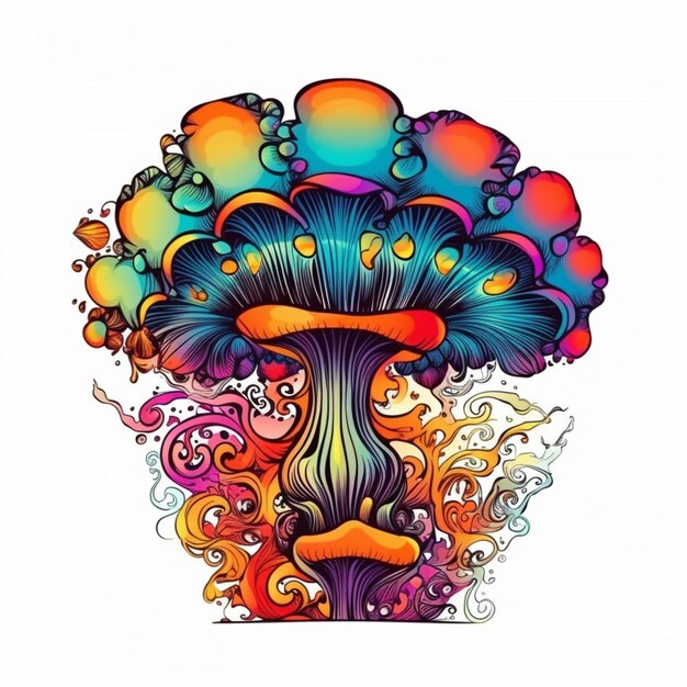 Photo a colorful mushroom with swirls and bubbles on a white background generative ai