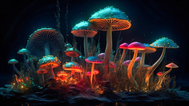 Colorful mushrooms on a dark background