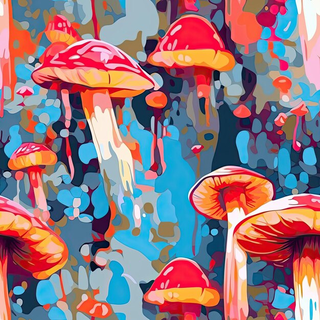 Красочные грибы иллюстрации психоделические цвета бесшовный узор фантастический волшебный лес ночь