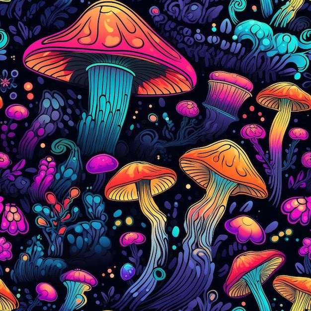 Colorful mushrooms and jellyfish are on a black background.