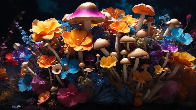 Colorful mushrooms and multi color flowers in midnight aura wallpaper design generated by AI