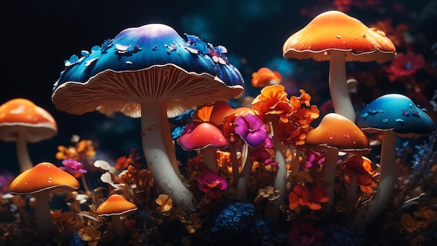 Colorful mushrooms and multi color flowers in midnight aura wallpaper design generated by AI