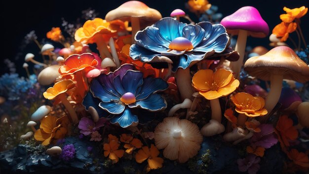Красочные грибы и разноцветные цветы в дизайне обоев с полуночной аурой, созданном AI