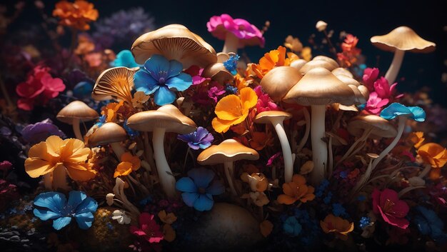 Colorful mushrooms and multi color flowers in midnight aura wallpaper design generated by AI