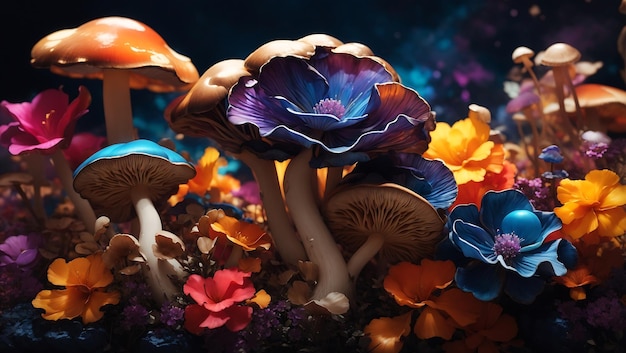 Colorful mushrooms and multi color flowers in midnight aura wallpaper design generated by AI