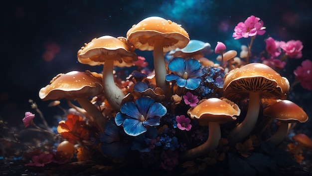 Colorful mushrooms and multi color flowers in midnight aura wallpaper design generated by AI