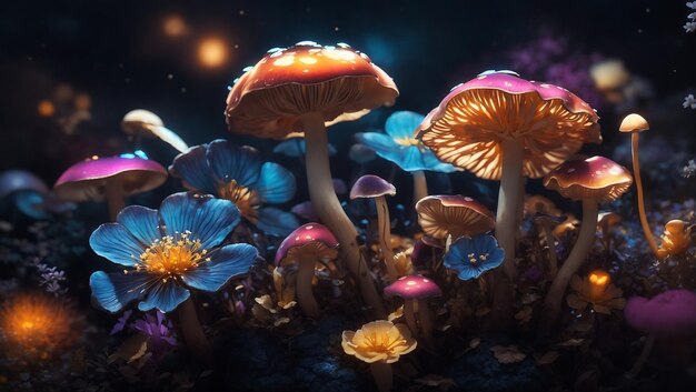 Colorful mushrooms and multi color flowers in midnight aura wallpaper design generated by AI