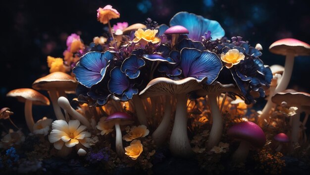 Colorful mushrooms and multi color flowers in midnight aura wallpaper design generated by AI