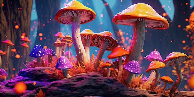 Colorful mushrooms in psychedelic forest Glowing dmt mushrooms Mycelium microorganism in wonderland