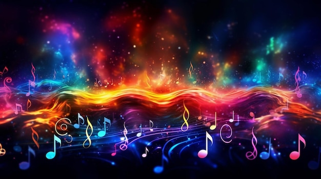 Красочный музыкальный фон с музыкальными нотами Generative AI