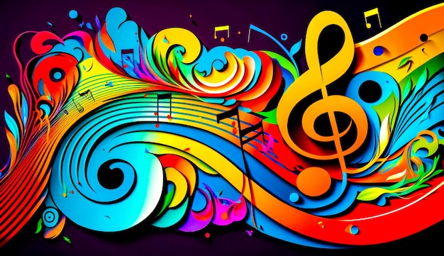 Colorful music background with musical notes and musical notes on black background generative ai