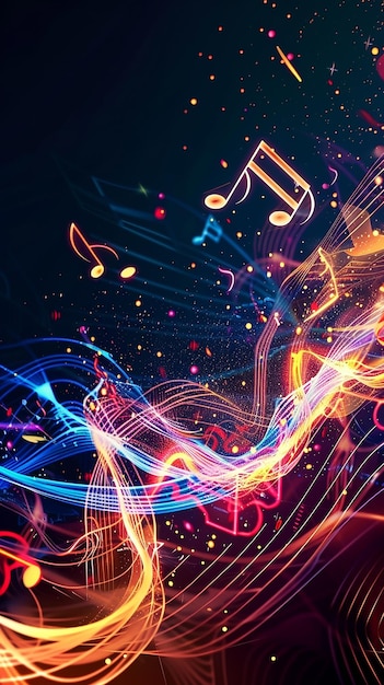 colorful music notes are shown with colorful lines and a colorful background