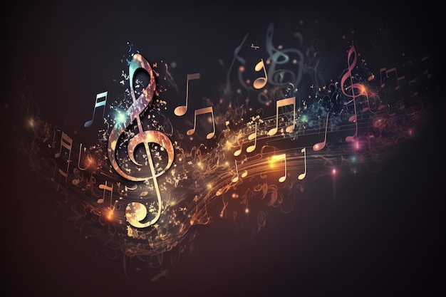 Photo colorful music notes background with sheet music disc and treble clef illustration ai generative