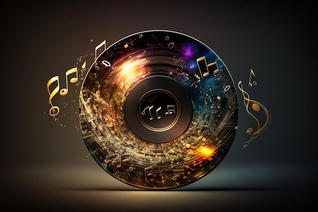 Photo colorful music notes background with sheet music disc and treble clef illustration ai generative