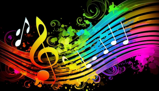 Colorful music notes on a black background