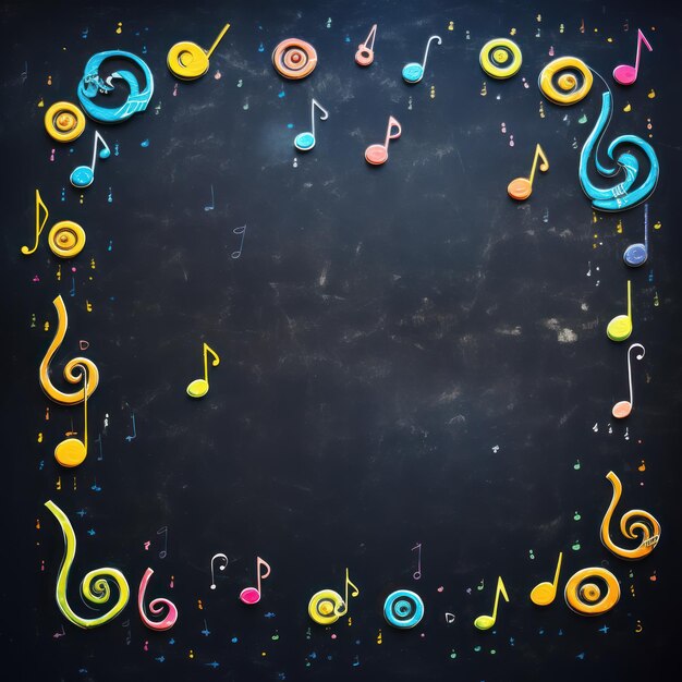 Photo colorful musical note supplies on the blackboard