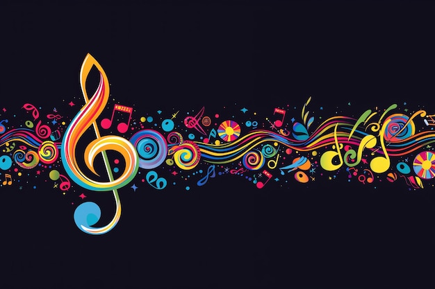 A colorful musical note with a rainbow of other notes and symbols