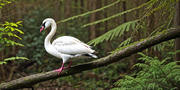 Photo a colorful mute swan sits on a branch in the forest