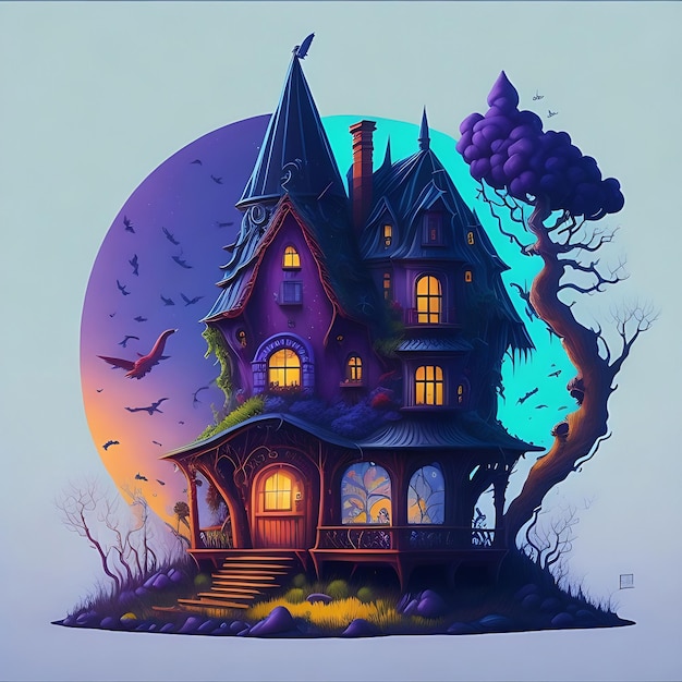 Colorful mysterious 3D paint gnome house Surrealistic illustration with a painterly style