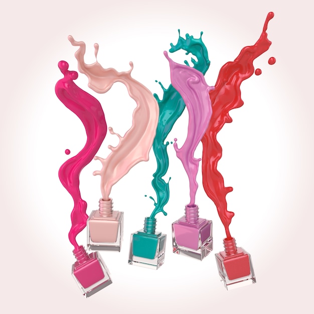 Colorful nail polish or Colorful lacquer paint Splash on white background, 3d illustration.