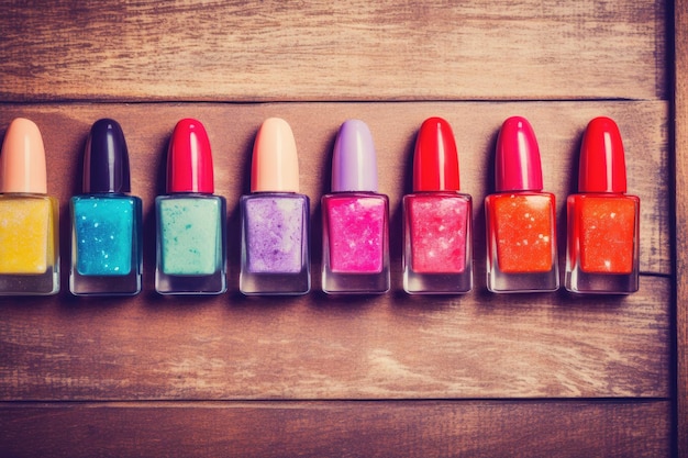 Colorful nail polishes on wooden board with retro filter