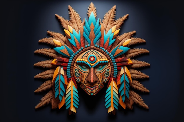 A colorful native american mask with a feathered head and feather design.