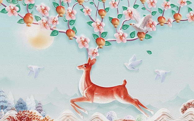 Photo colorful nature background with beautiful deer and trees wallpaper