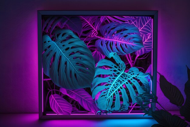 Фото Концепция красочной природы неоновые красочные тропические листья с неоновой рамкой лист растения творчество и дизайн нейронная сеть создана искусственным интеллектом