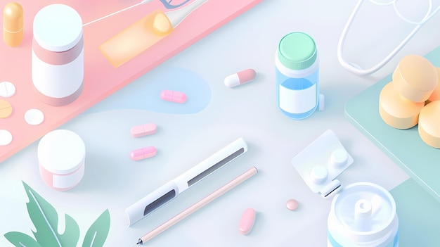 a colorful and neat arrangement of medication and healthcare items on a pastel background