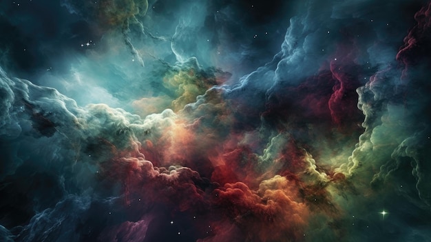 A colorful nebula with clouds in the background