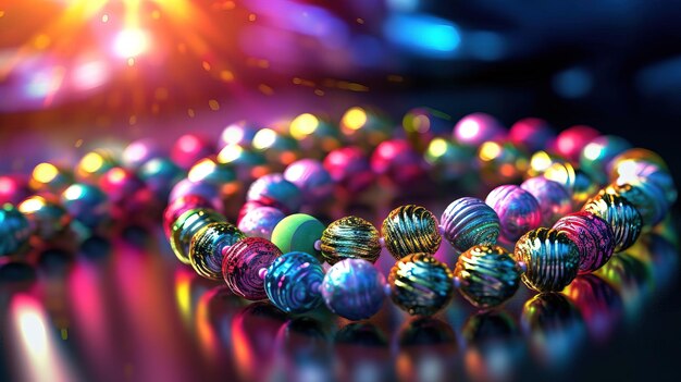 A colorful necklace with colorful beads on a reflective surface