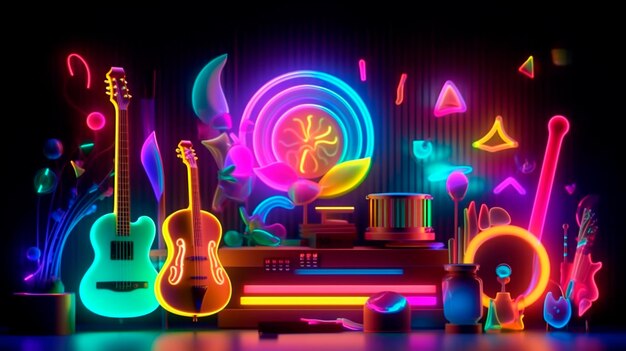 colorful neon background musical style theme abstract musical instruments 3d layout Generative AI illustrator