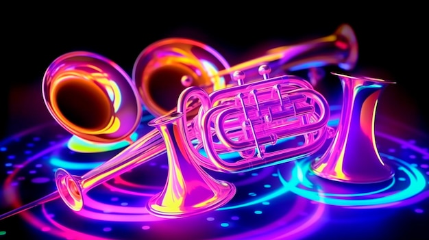 Colorful neon background musical style theme abstract musical instruments 3d layout Generative AI