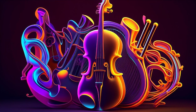 Colorful neon background musical style theme abstract musical instruments