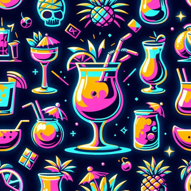 Colorful neon cocktai cocktails pattern texture seamless vector art tropical caribbean exotic