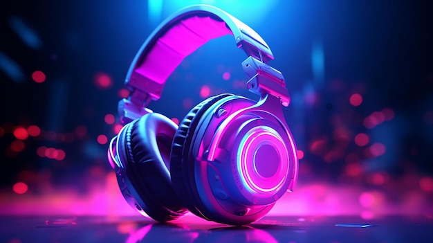 Photo colorful neon headphones on abstract background