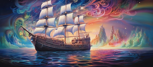 Colorful neon holographic sailboat drawing style AI generated image