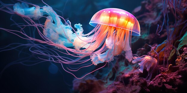 Colorful neon jellyfish ocean