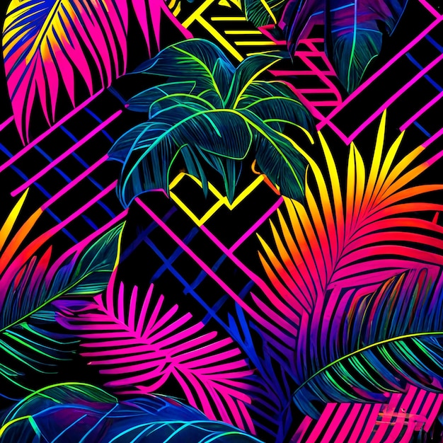 Красочный неоновый рисунок джунглей с пальмовыми листьями на геометрическом фоне.