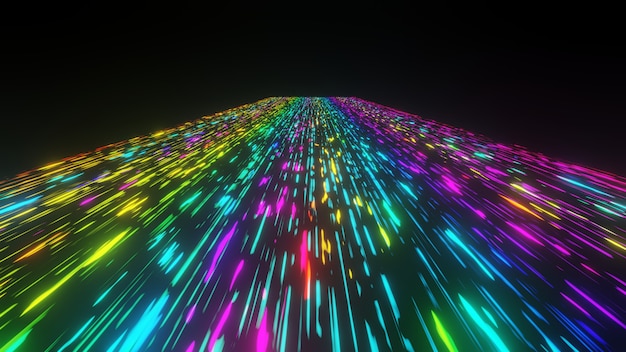 カラフルなネオン光の未来的なストリームデータ通信がデジタル技術アニメーション3Dレンダリングに飛んで