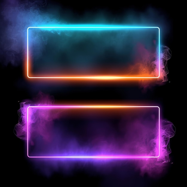 Photo a colorful neon light rectangular frame with smoke on black background