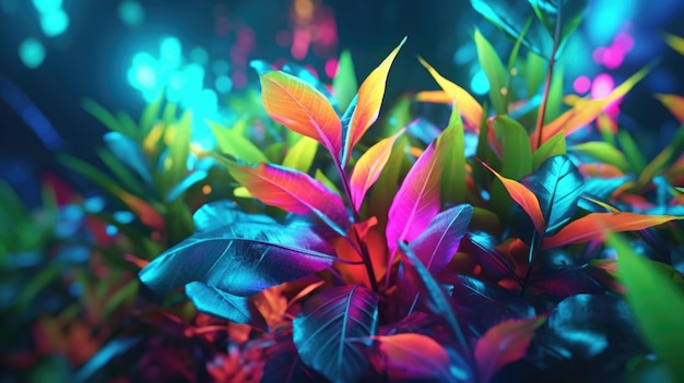 Colorful Neon Light Tropical Jungle Plants in Enchanting Landscape