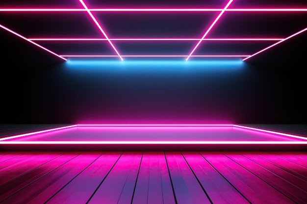 Colorful neon light with empty stage podium on black background