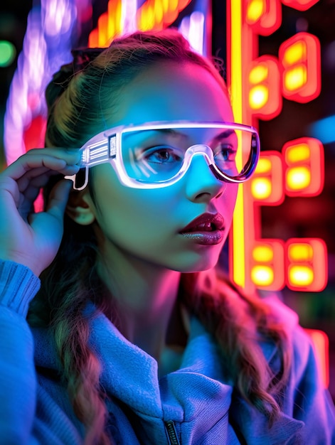 백색 선글라스에 반사되는 다채로운 네온 조명 AI 생성