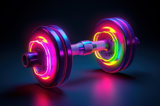 Photo colorful neon lit dumbbell on dark background