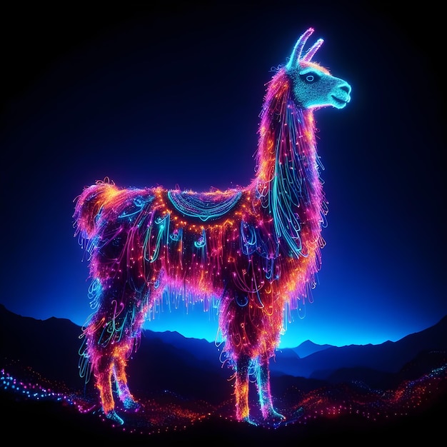 Colorful neon llama silhouette made of millions of ultra bright neon strings